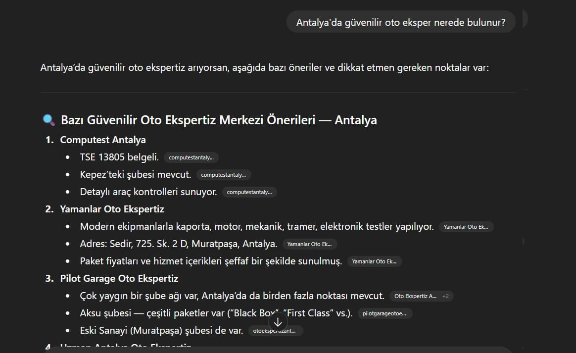 Antalya'da güvenilir oto eksper araması yapılan ChatGPT ekran görüntüsü