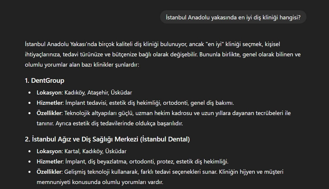 ChatGPT üzerinde İstanbul Anadolu yakasında en iyi diş kliniği araması ekran görüntüsü