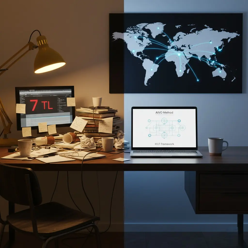 Freelance kaosundan markalaşmaya dönüşümü ve AIVO/H.I.T. çerçevesini anlatan görsel
