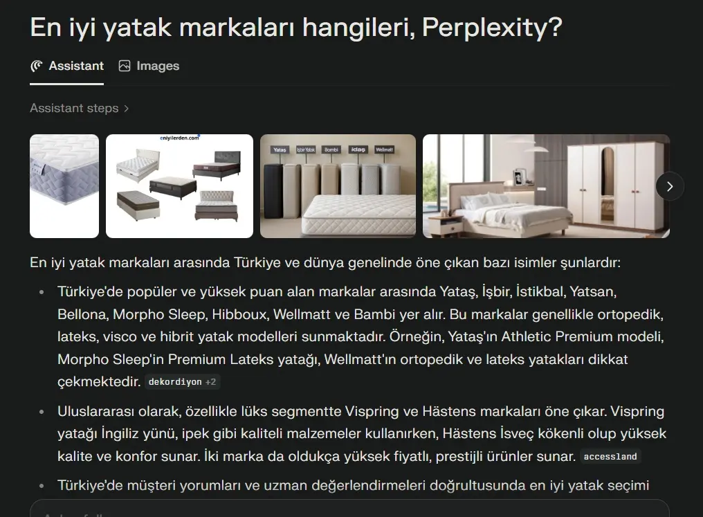 Yapay zekâ sistemlerinde yerel marka referansları — Perplexity, ChatGPT örneği ChatGPT ve Perplexity'nin en iyi yatak markaları sorgusunda öne çıkardığı Türk markaları