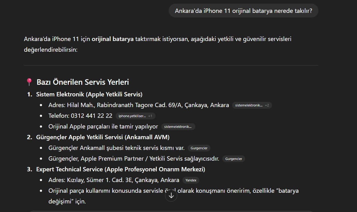 Ankara'da iPhone 11 orijinal batarya araması yapılan ChatGPT ekran görüntüsü