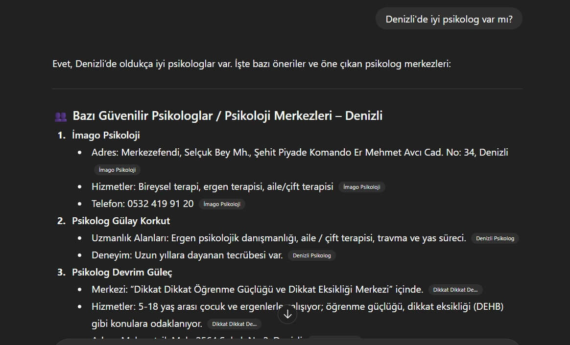 Denizli'de iyi psikolog araması yapılan ChatGPT ekran görüntüsü