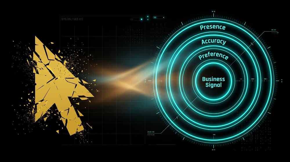 Black cover with a fractured gold cursor and a neon turquoise four-layer AI visibility scorecard: Presence, Accuracy, Preference, Business Signal.